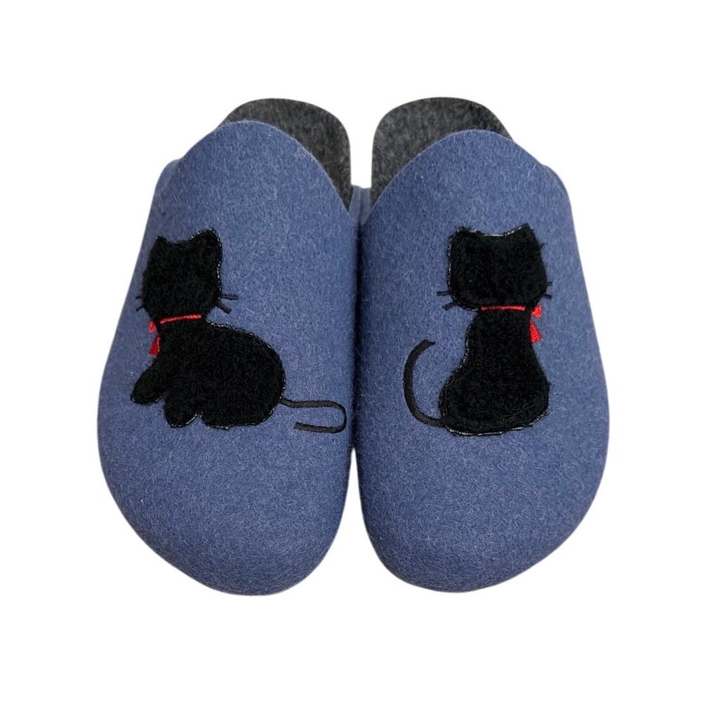 Cat Felt Wool Slippers Clogs Mules Blue Winter House Shoes Mandèl size 37 7